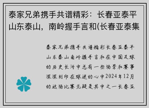 泰家兄弟携手共谱精彩：长春亚泰平山东泰山，南岭握手言和(长春亚泰集团创始人)