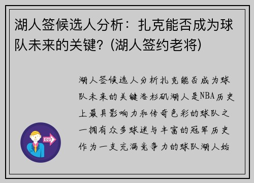 湖人签候选人分析：扎克能否成为球队未来的关键？(湖人签约老将)